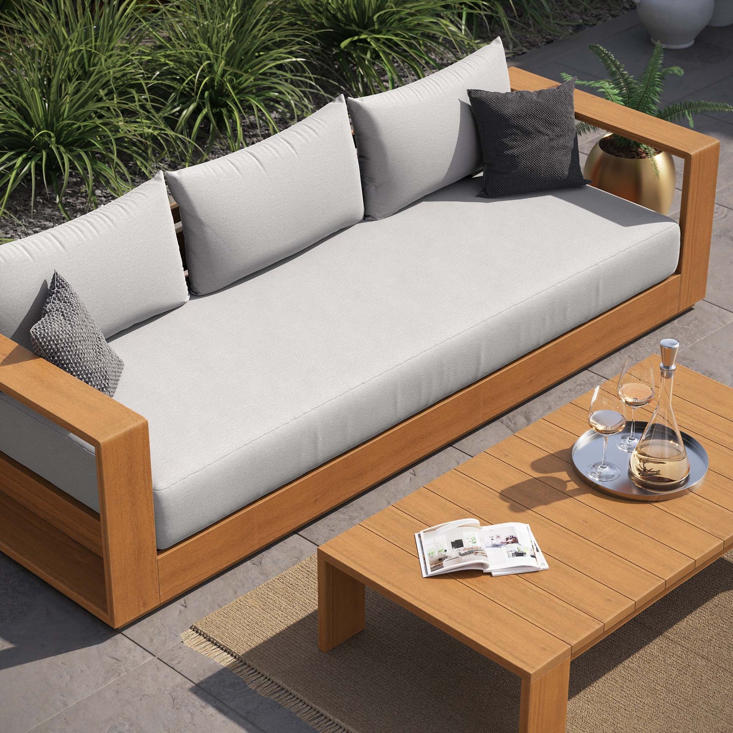 Tahoe 2-Piece Outdoor Patio Acacia Wood Sofa and Coffee Table Set by Modway EEI-6799-NAT-LGR