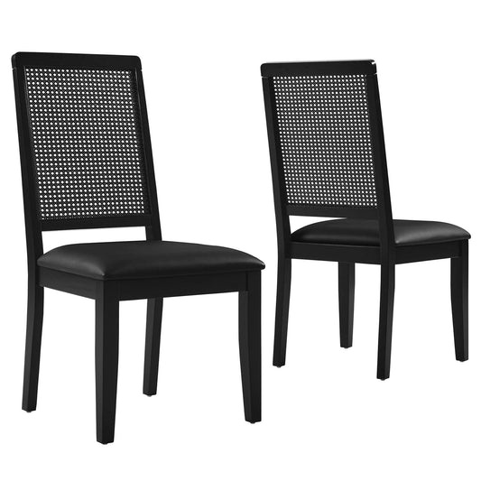Arlo Vegan Leather Upholstered Faux Rattan and Wood Dining Side Chairs Set of 2 by Modway EEI-6802-BLK-BLK-BLK