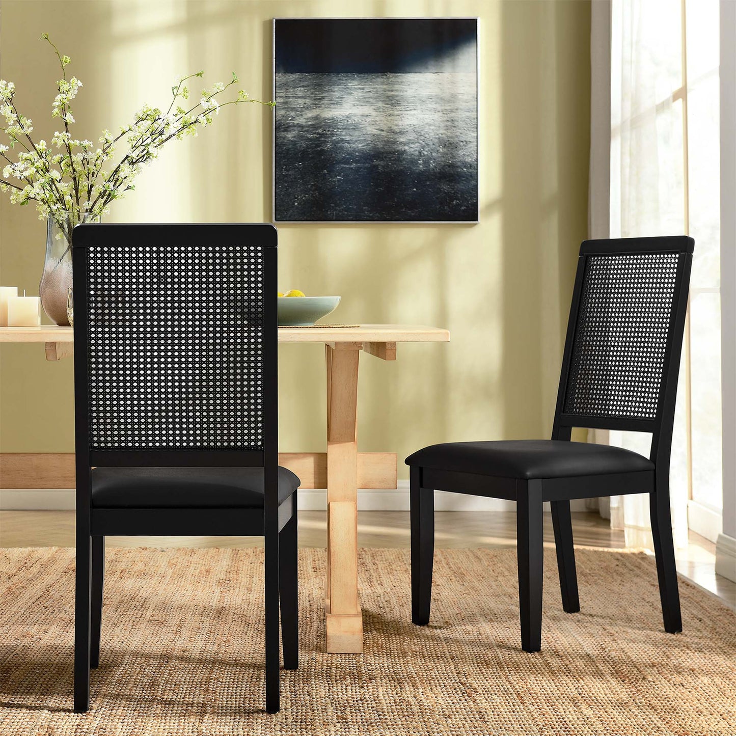 Arlo Vegan Leather Upholstered Faux Rattan and Wood Dining Side Chairs Set of 2 by Modway