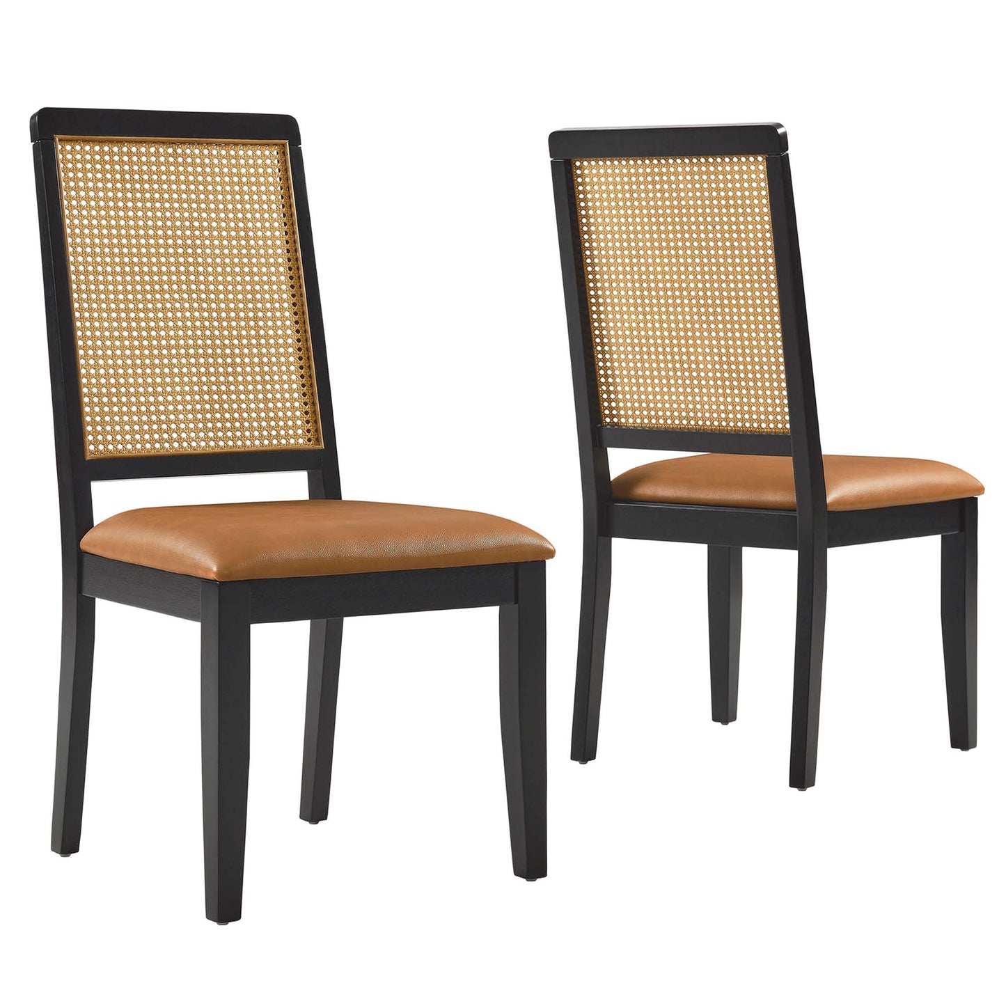 Arlo Vegan Leather Upholstered Faux Rattan and Wood Dining Side Chairs Set of 2 by Modway EEI-6802-BLK-NAT-TAN