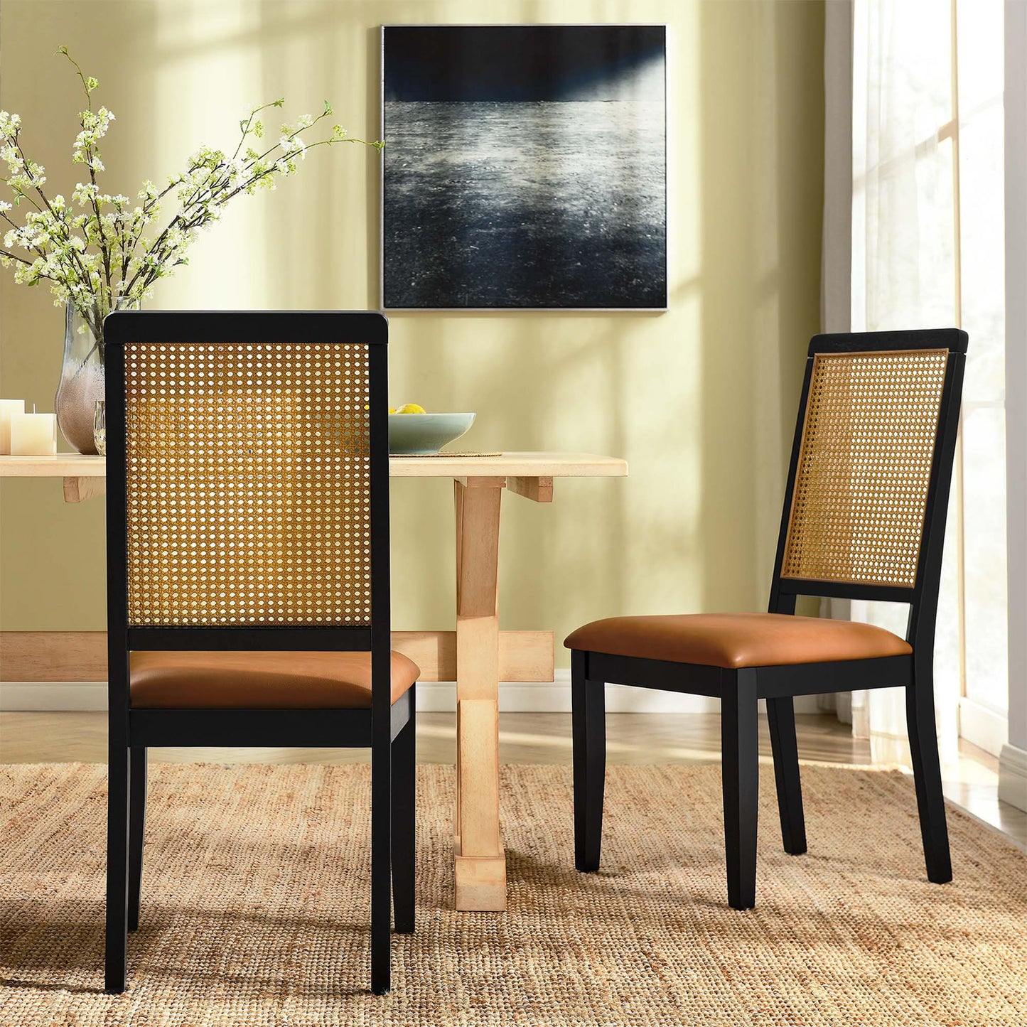 Arlo Vegan Leather Upholstered Faux Rattan and Wood Dining Side Chairs Set of 2 by Modway EEI-6802-BLK-NAT-TAN