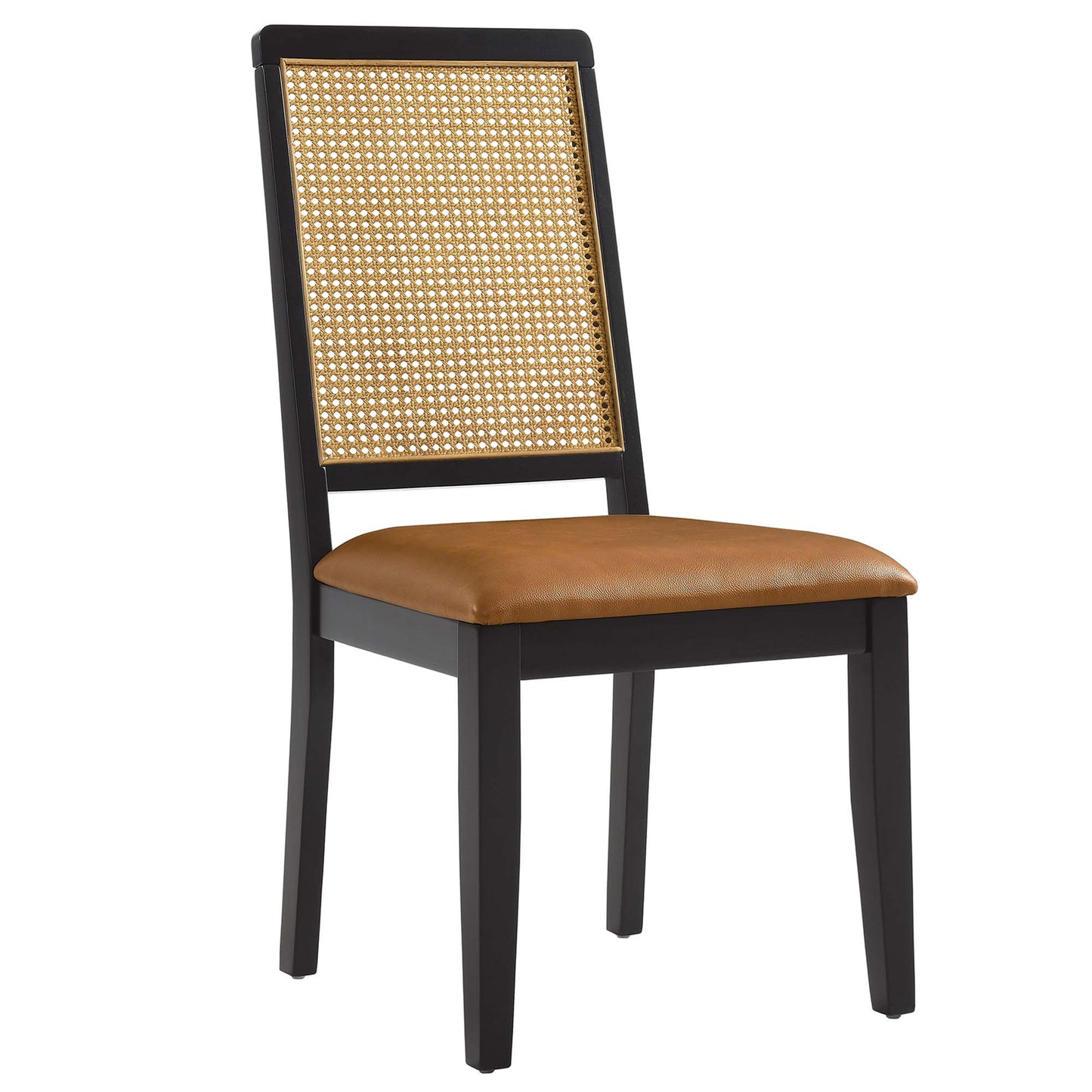 Arlo Vegan Leather Upholstered Faux Rattan and Wood Dining Side Chairs Set of 2 by Modway EEI-6802-BLK-NAT-TAN