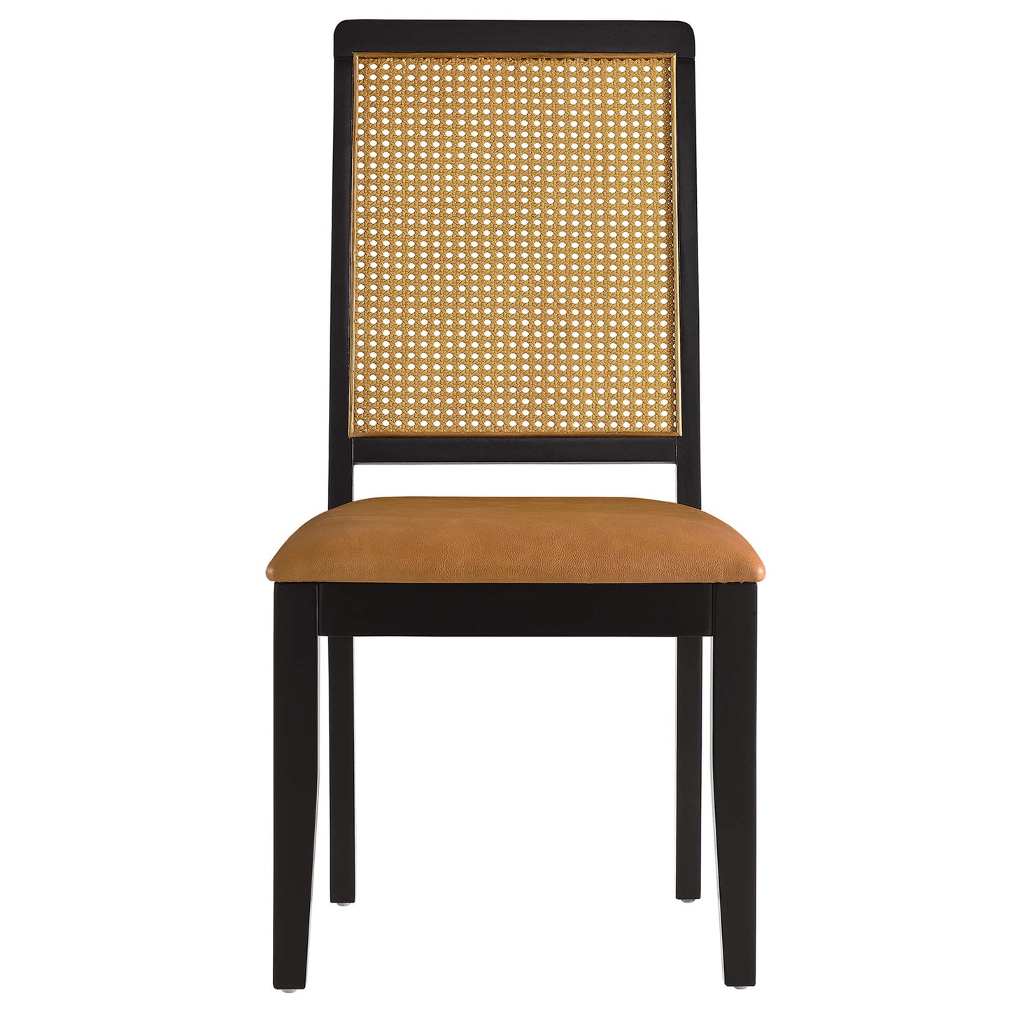 Arlo Vegan Leather Upholstered Faux Rattan and Wood Dining Side Chairs Set of 2 by Modway EEI-6802-BLK-NAT-TAN