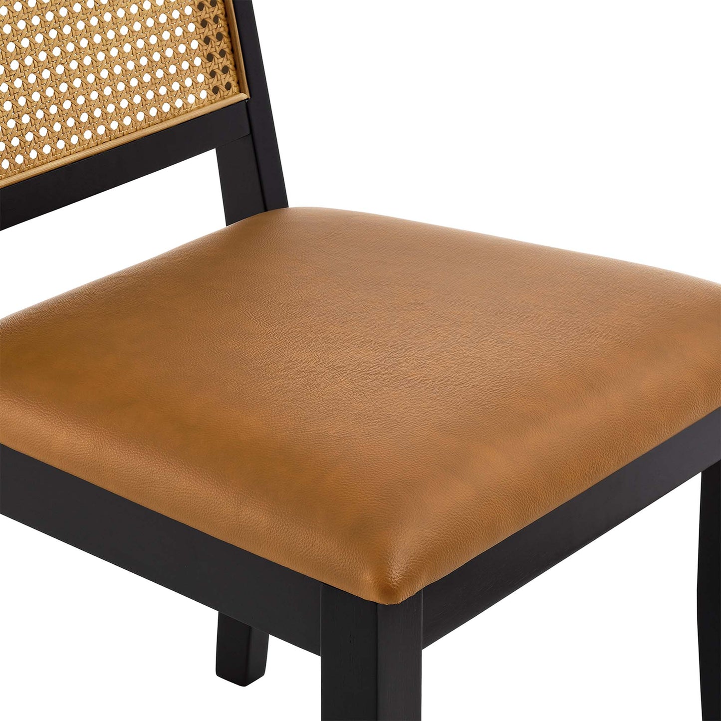 Arlo Vegan Leather Upholstered Faux Rattan and Wood Dining Side Chairs Set of 2 by Modway EEI-6802-BLK-NAT-TAN