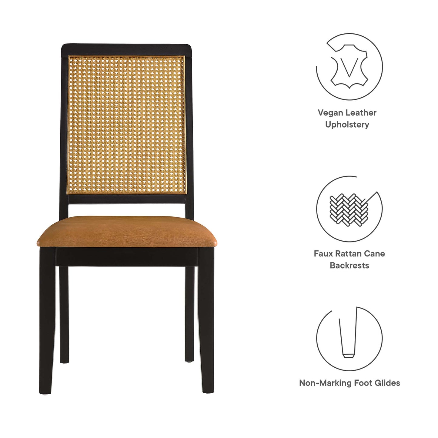Arlo Vegan Leather Upholstered Faux Rattan and Wood Dining Side Chairs Set of 2 by Modway EEI-6802-BLK-NAT-TAN