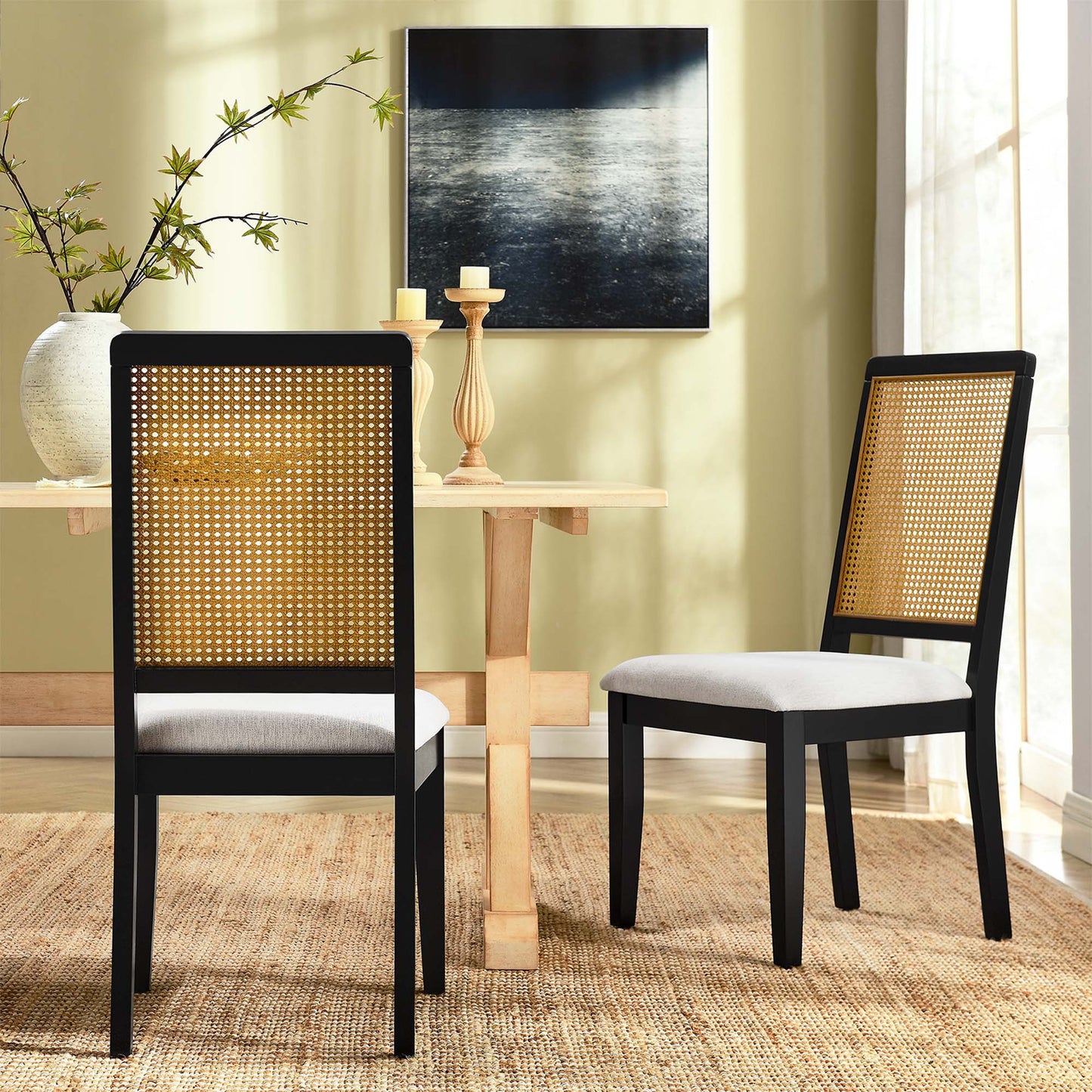 Arlo Faux Rattan and Wood Dining Side Chairs Set of 2 by Modway EEI-6803-BLK-NAT-HEI