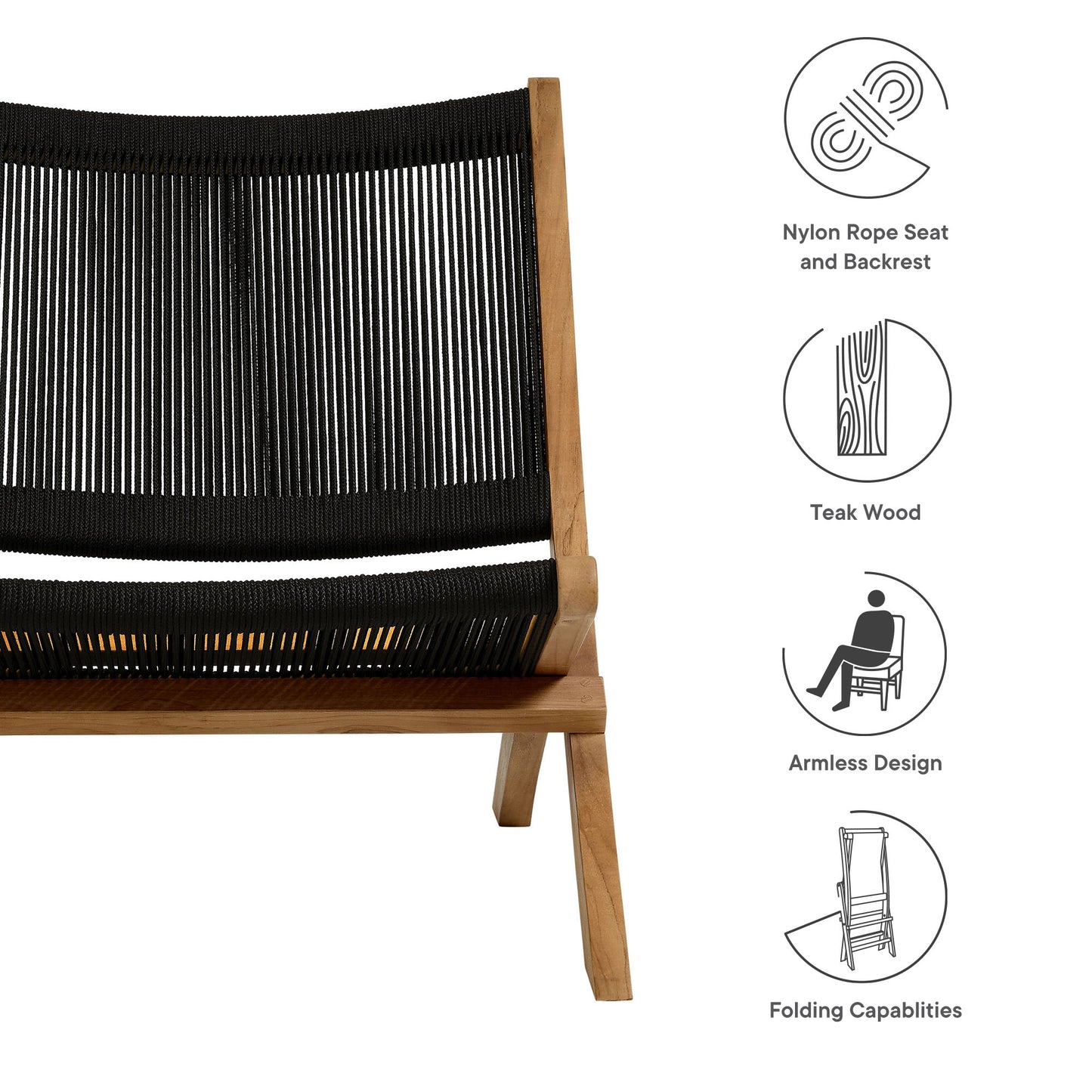 Vienna Outdoor Patio Teak and Rope Folding Accent Lounge Chair by Modway EEI-6808-NAT-BLK