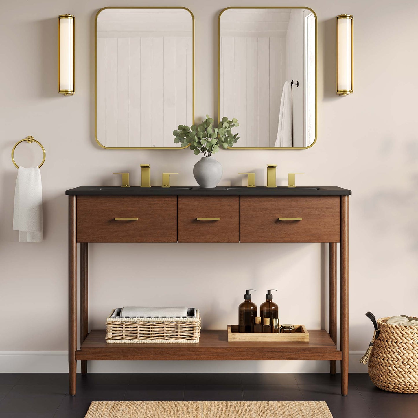 Zaire 48" Double Sink Bathroom Vanity by Modway EEI-6827-WAL-BLK
