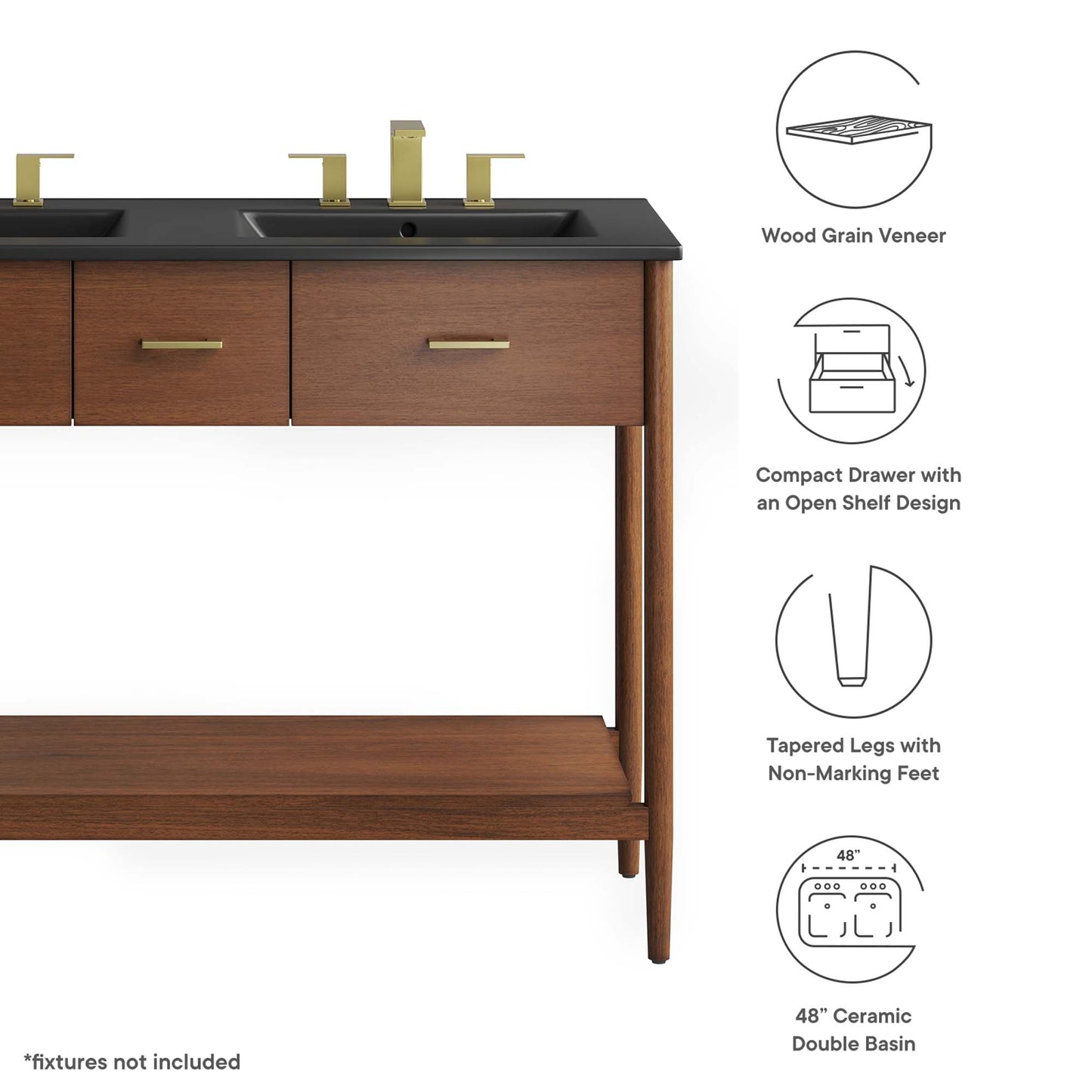 Zaire 48" Double Sink Bathroom Vanity by Modway EEI-6827-WAL-BLK