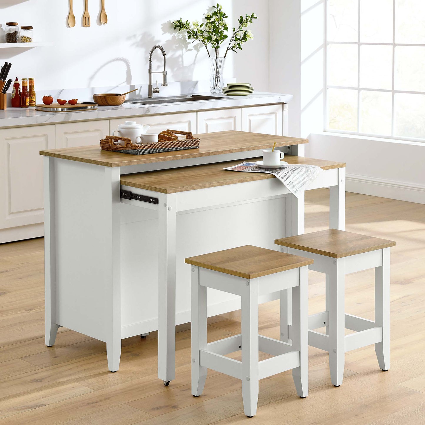 Farmstead 3-Piece Kitchen Island and Stool Set by Modway EEI-6895-OAK-WHI