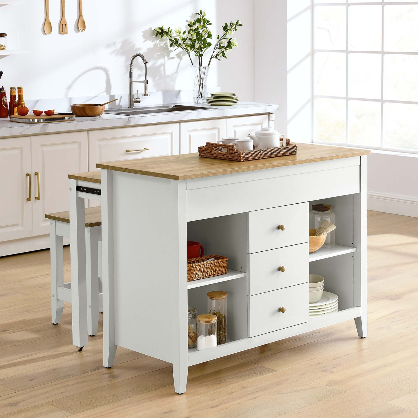 Farmstead 3-Piece Kitchen Island and Stool Set by Modway EEI-6895-OAK-WHI