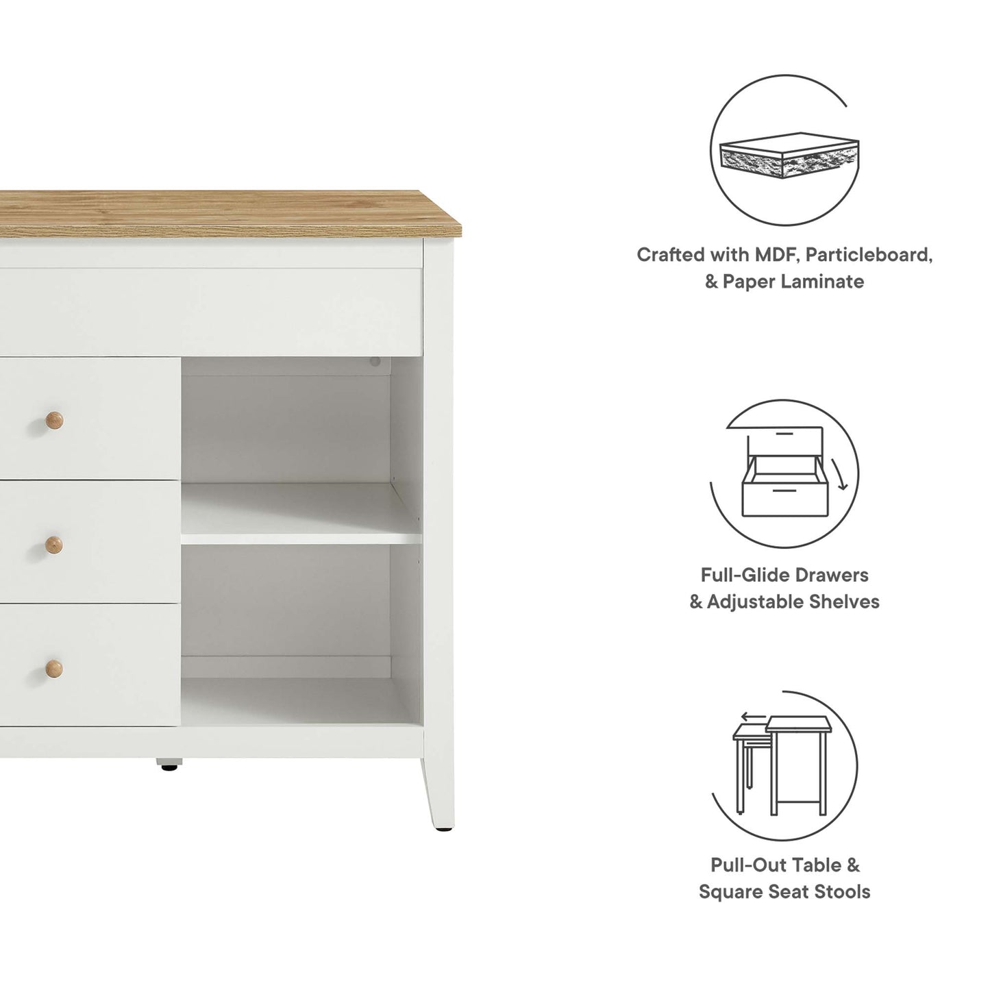 Farmstead 3-Piece Kitchen Island and Stool Set by Modway EEI-6895-OAK-WHI