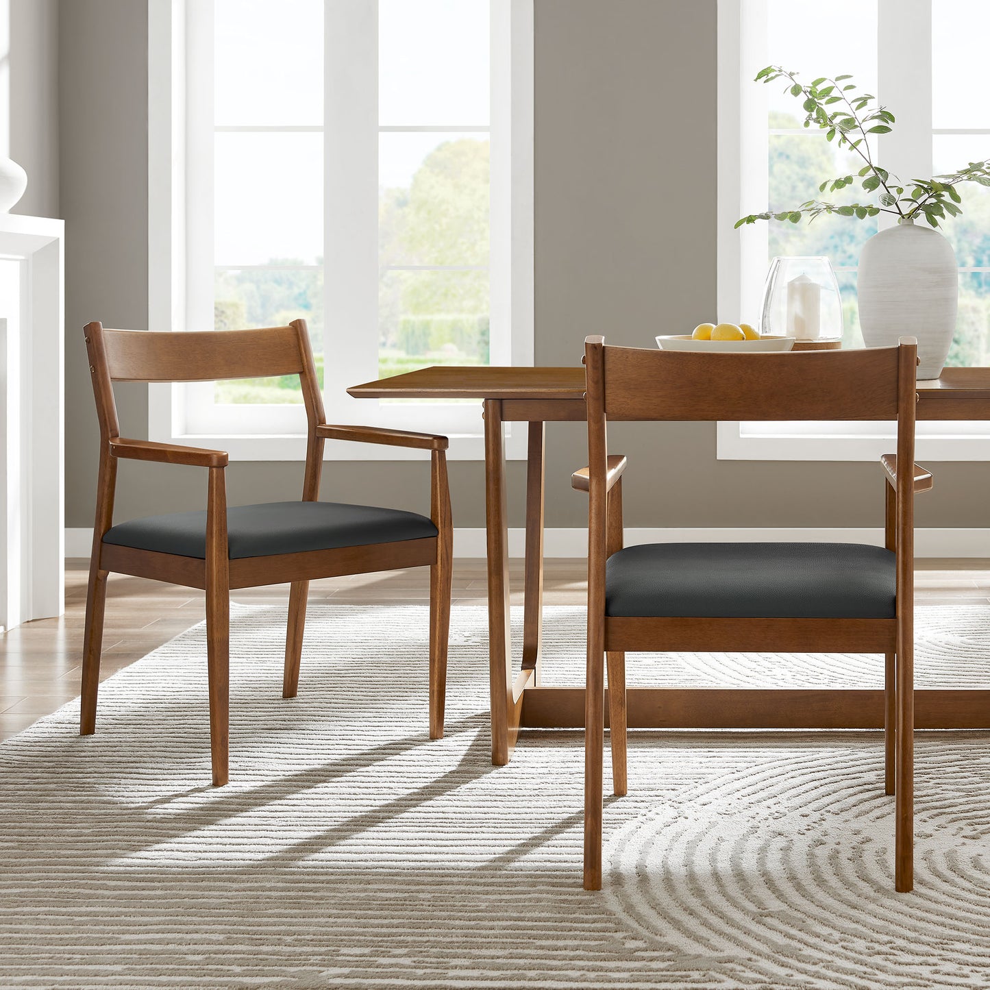 Solara Fabric and Vegan Leather Wood Dining Armchairs Set of 2