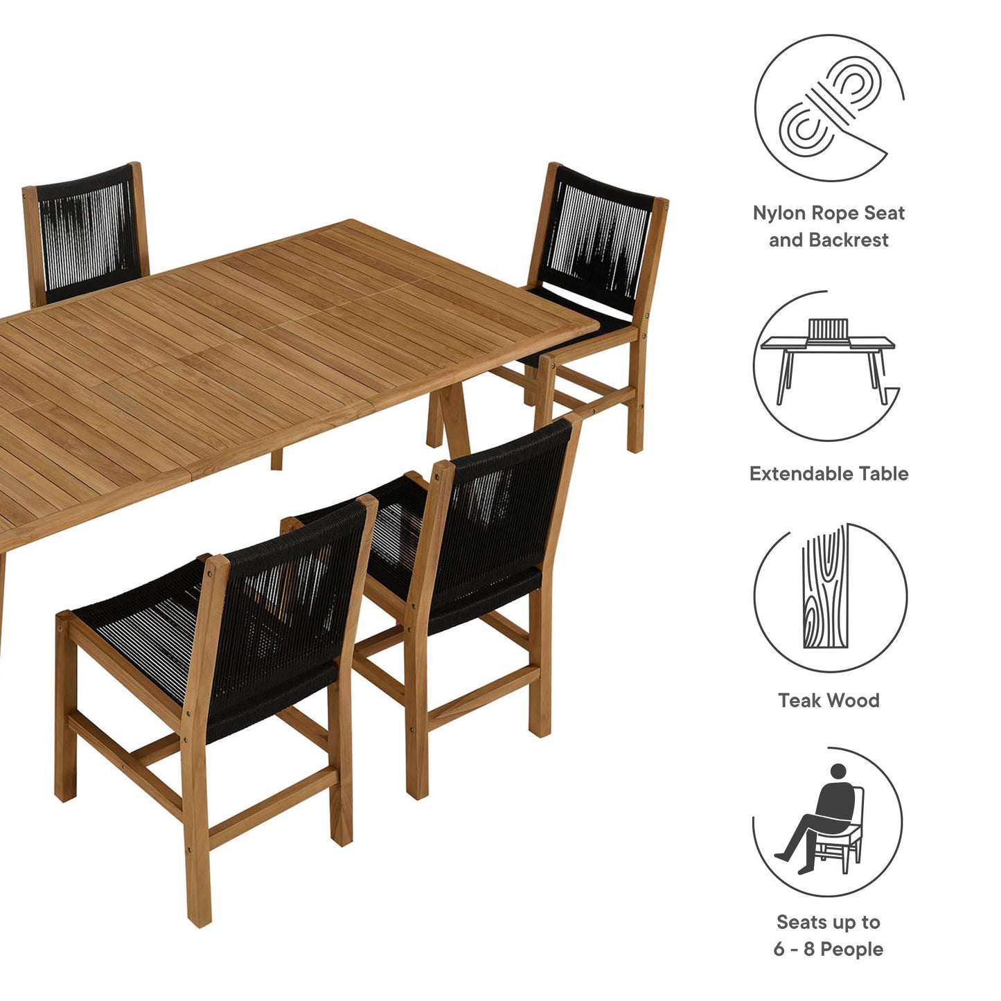 Vienna 7-Piece Outdoor Patio Teak and Rope Dining Set with Armless Chairs by Modway EEI-6927-NAT-BLK