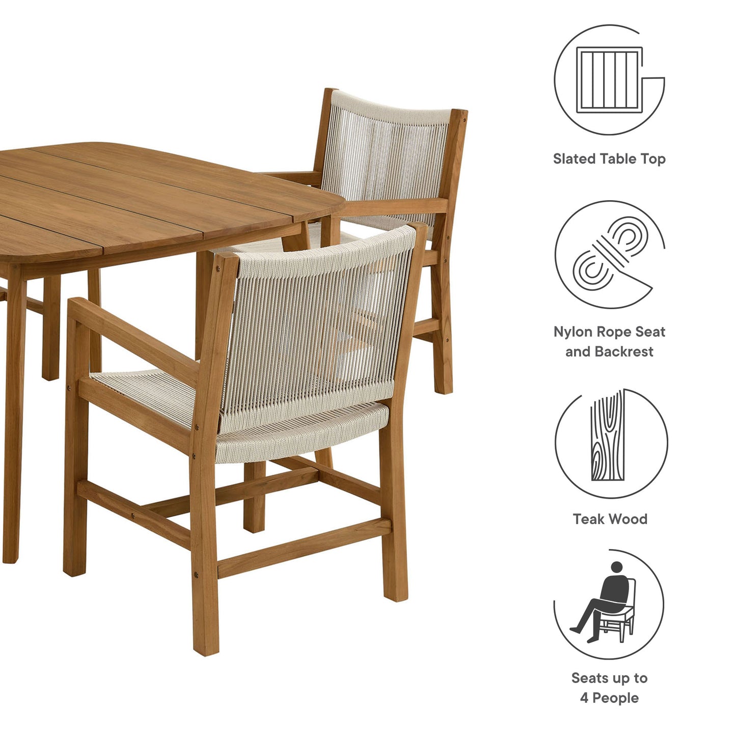 Vienna 5-Piece Outdoor Patio Teak and Rope Dining Set with Armchairs by Modway EEI-6935-NAT-NAT