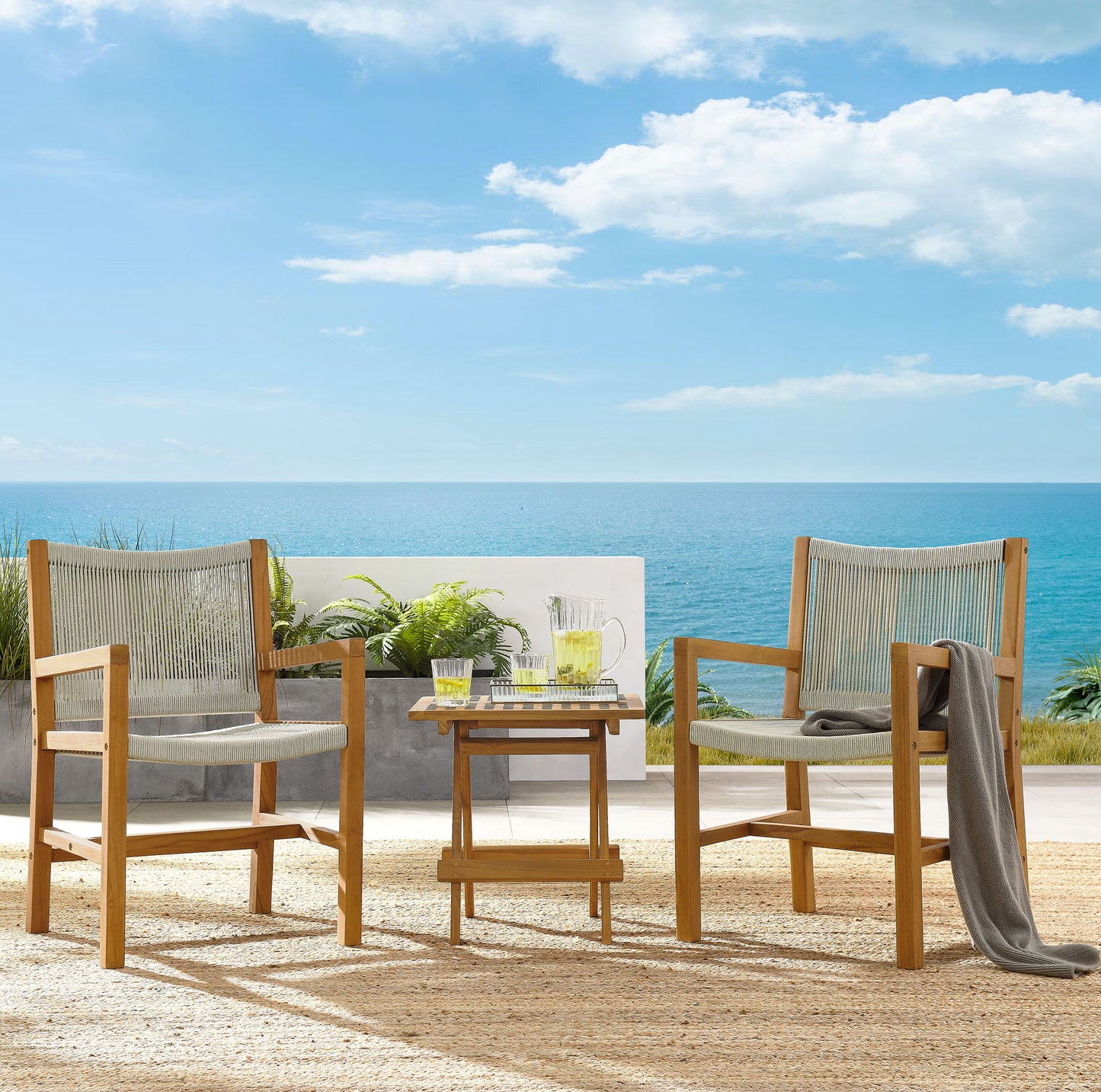 Vienna 3-Piece Outdoor Patio Teak and Rope Armchairs with Folding Side Table by Modway EEI-6936-NAT-NAT