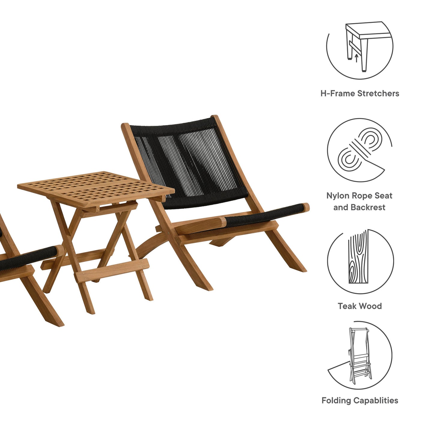 Vienna 3-Piece Outdoor Patio Teak and Rope Folding Lounge Chairs and Side Table by Modway EEI-6937-NAT-BLK