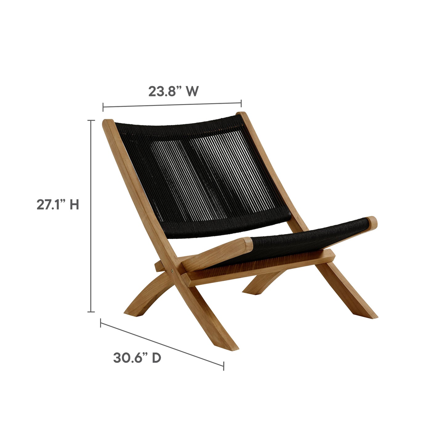 Vienna 3-Piece Outdoor Patio Teak and Rope Folding Lounge Chairs and Side Table by Modway EEI-6937-NAT-BLK