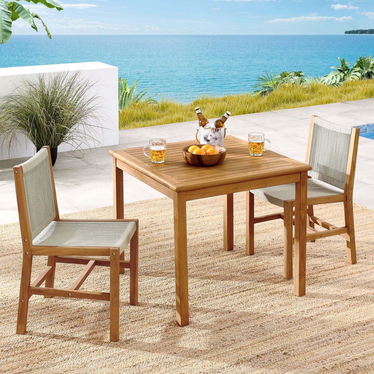 Vienna 3-Piece Outdoor Patio Teak and Rope Dining Set with Armchairs and Armless Chairs by Modway