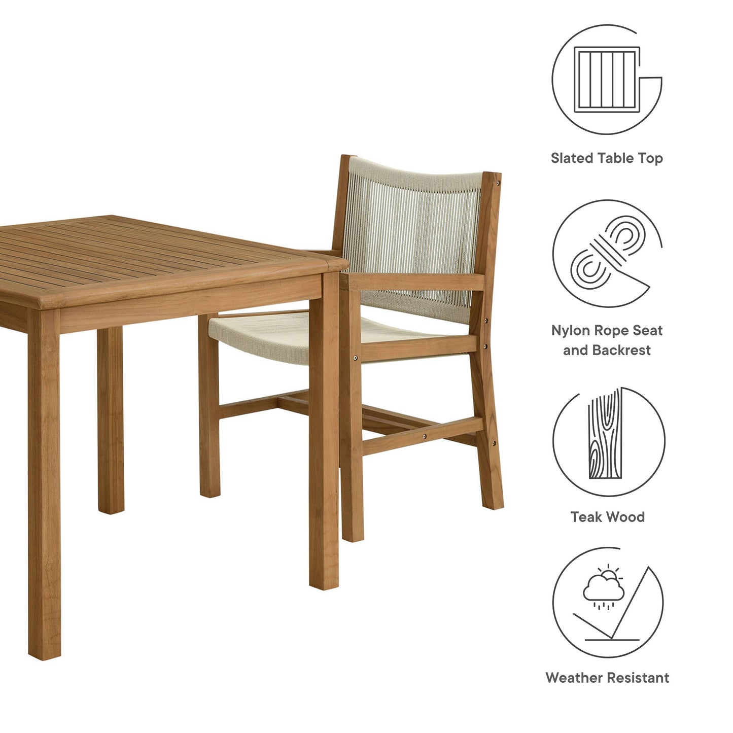 Vienna 3-Piece Outdoor Patio Teak and Rope Dining Set with Armchairs and Armless Chairs by Modway