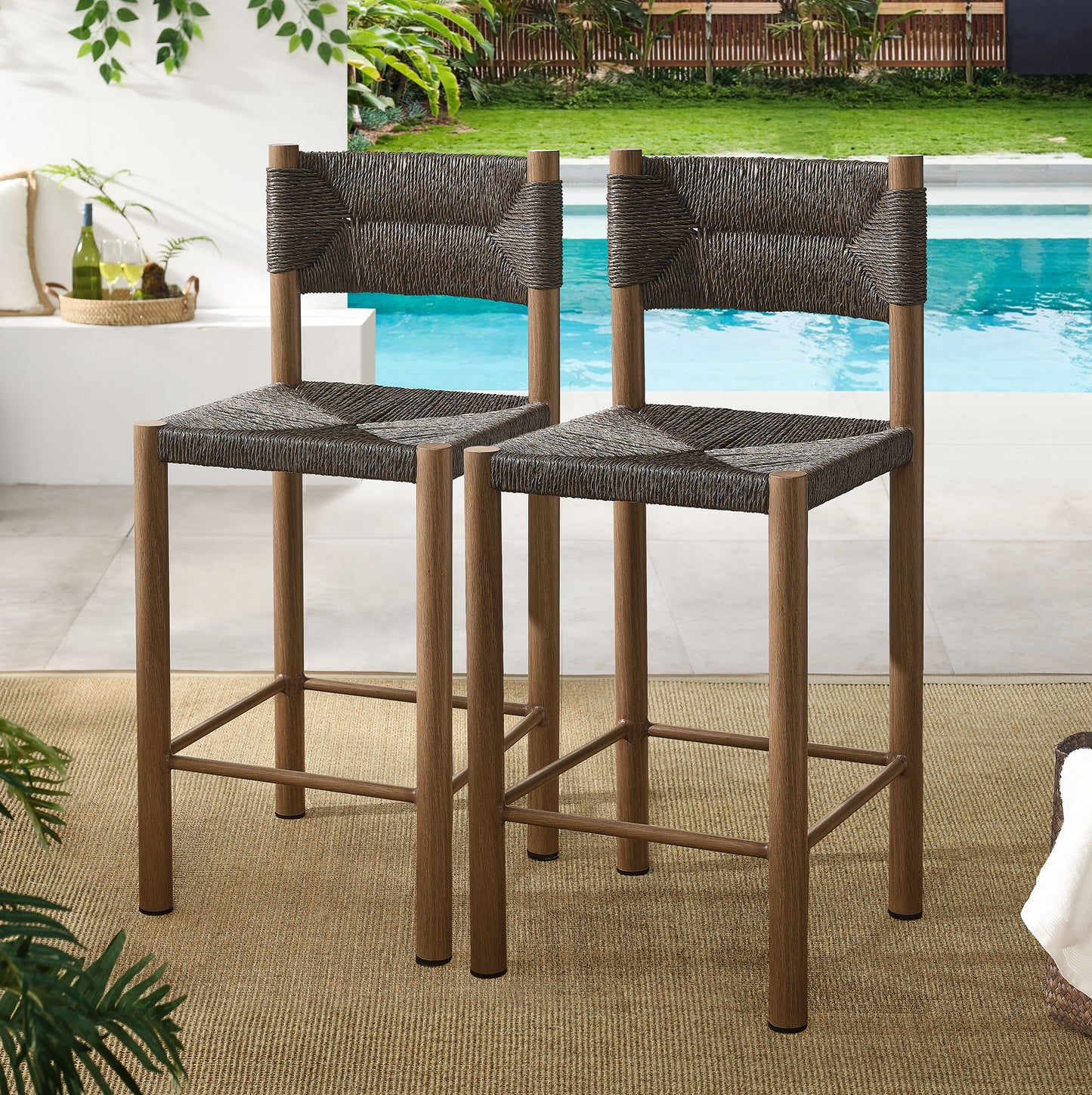 Parkland Outdoor Patio Rattan and Aluminum Stools Set of 2