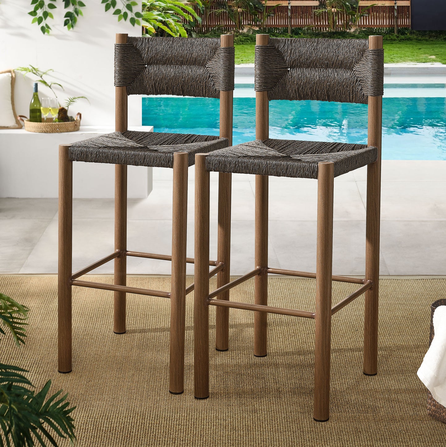 Parkland Outdoor Patio Rattan and Aluminum Stools Set of 2
