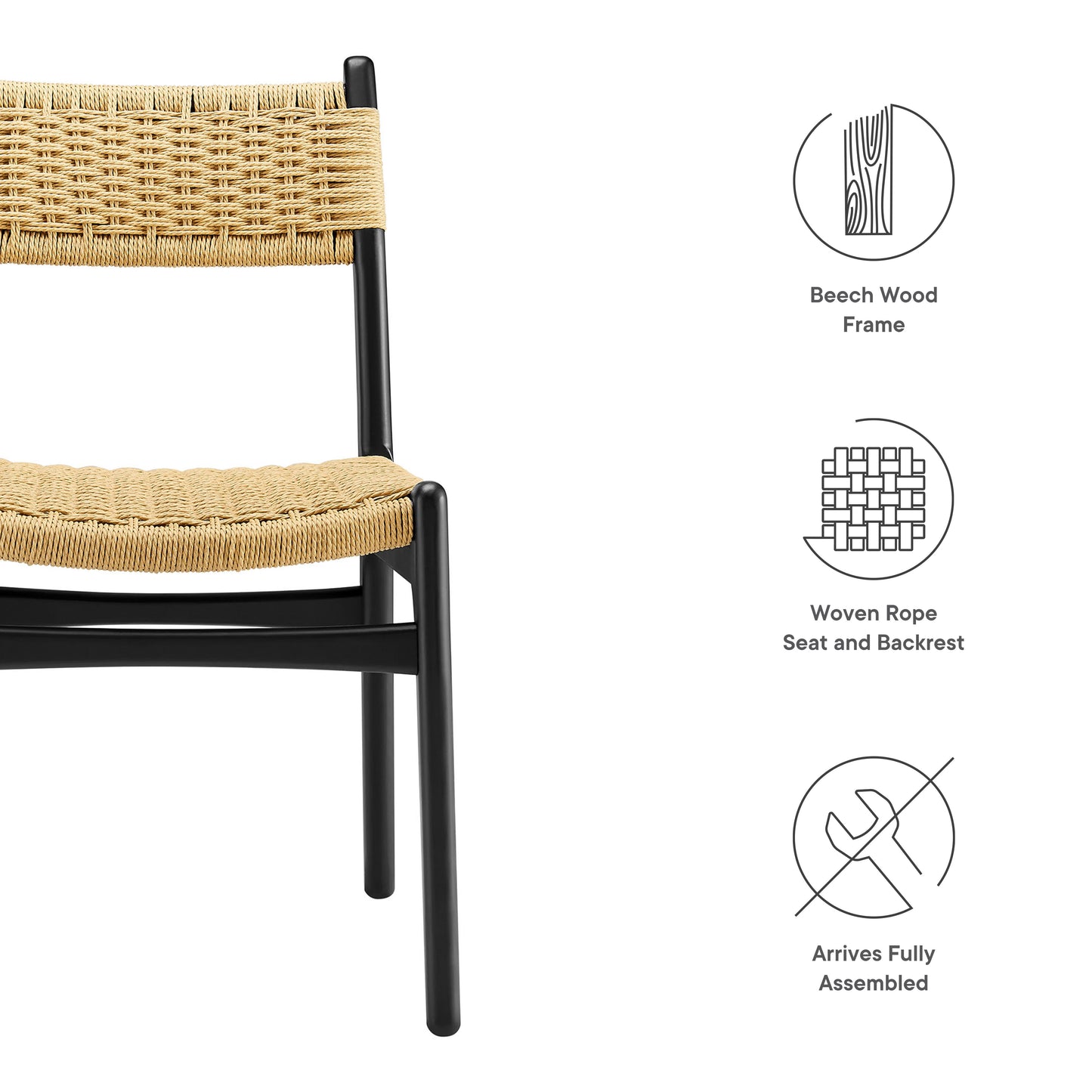 Wynn Rope and Wood Dining Side Chairs Set of 2 by Modway EEI-7044-BLK-NAT