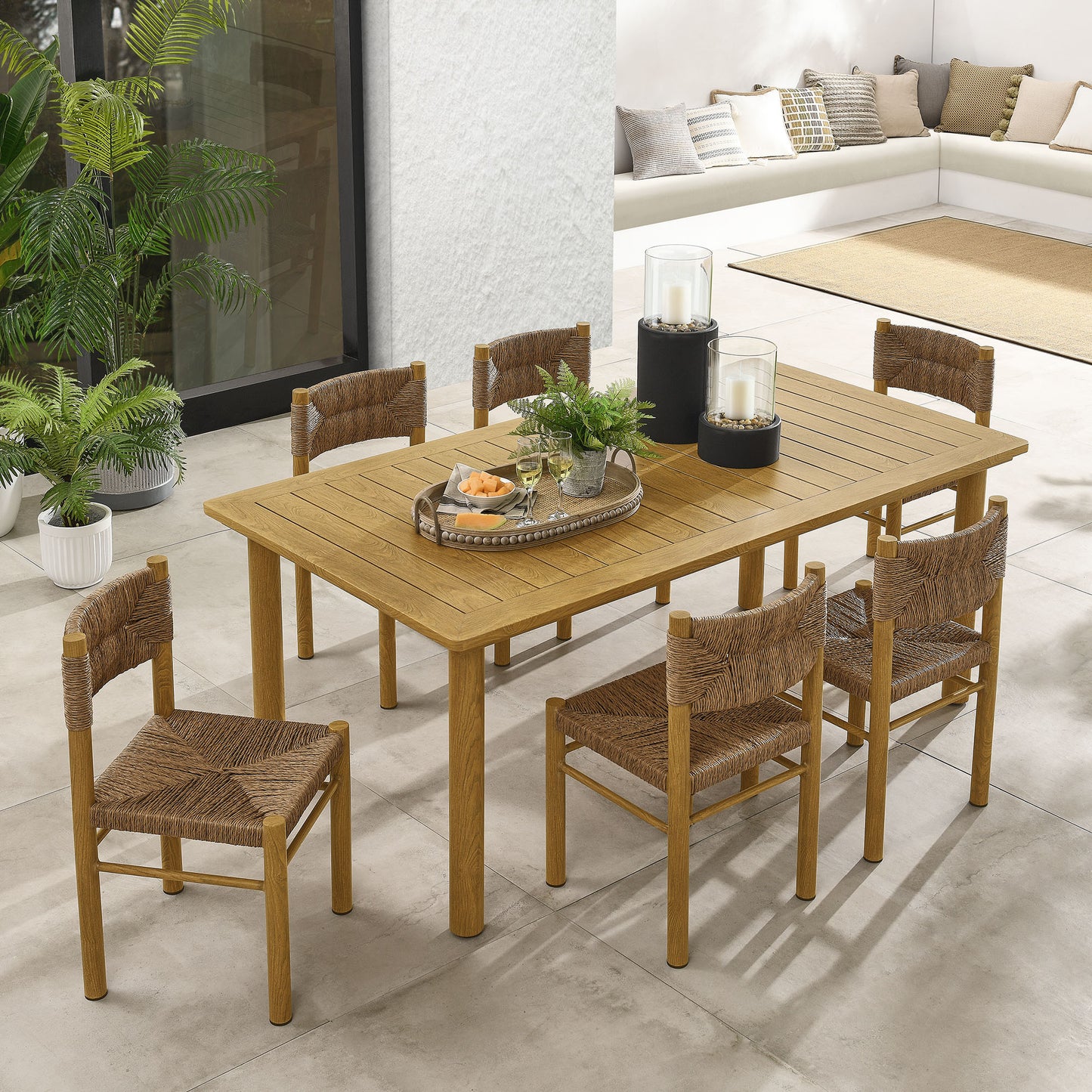 Abacus and Parkland 7-Piece Rectangular Outdoor Patio Dining Table Set with Rattan Armchairs by Modway