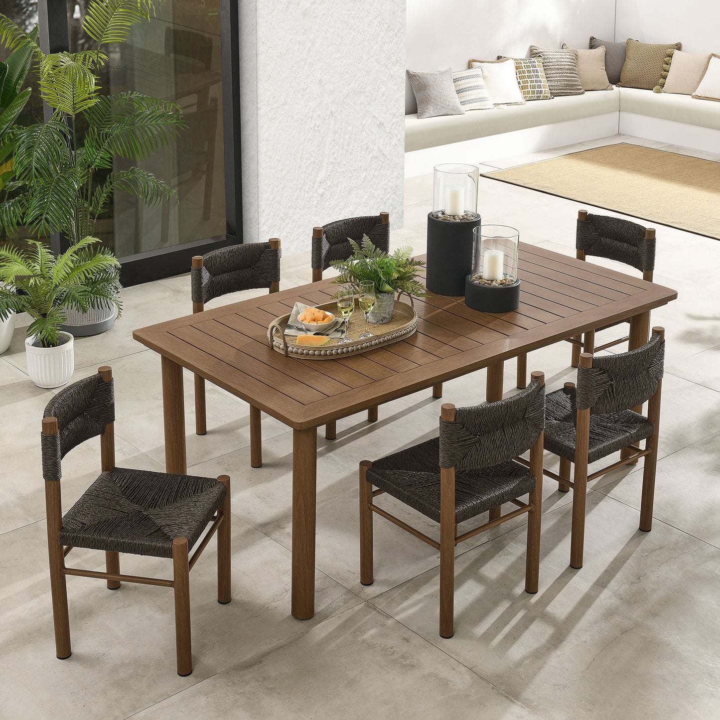 Abacus and Parkland 7-Piece Rectangular Outdoor Patio Dining Table Set with Rattan Armchairs by Modway