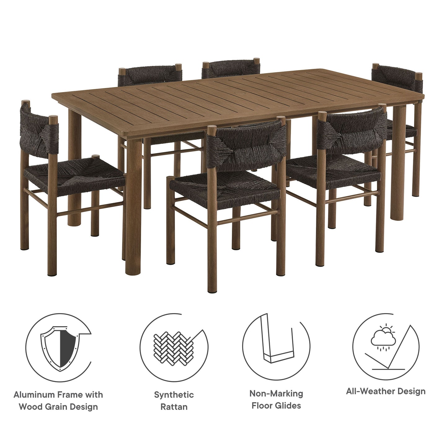 Abacus and Parkland 7-Piece Rectangular Outdoor Patio Dining Table Set with Rattan Armchairs by Modway