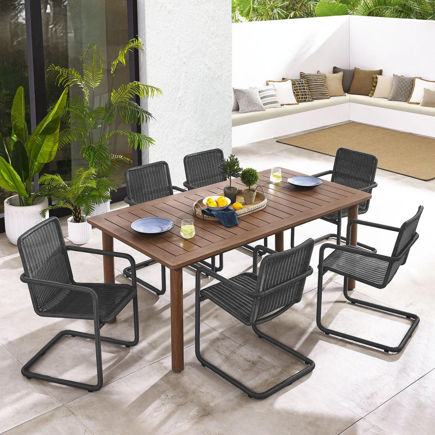 Abacus and Parkland 7-Piece Rectangular Outdoor Patio Dining Table Set with Rattan Armchairs by Modway