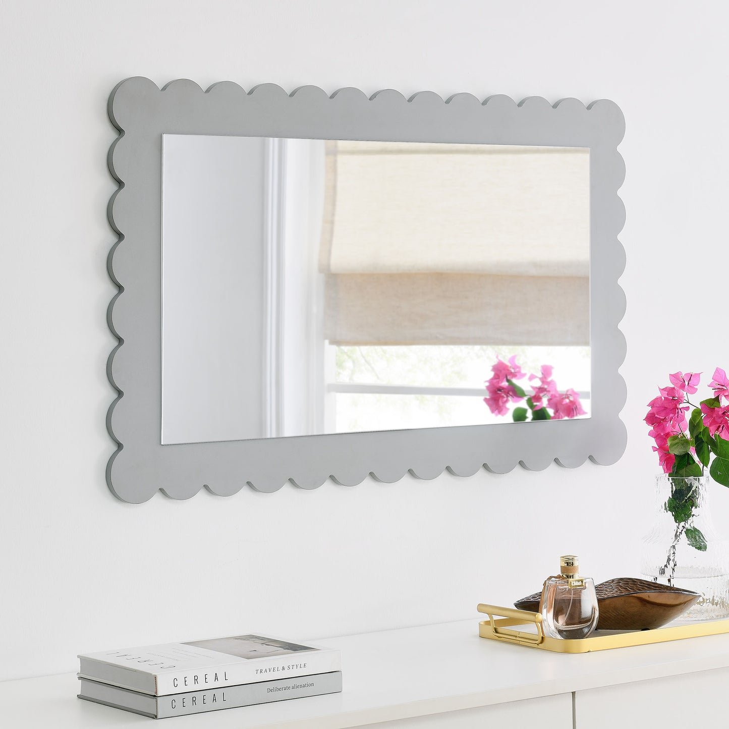 Emmeline Scalloped 5-Drawer Chest, 6-Drawer Dresser, and Rectangle Wall Mirror by Modway