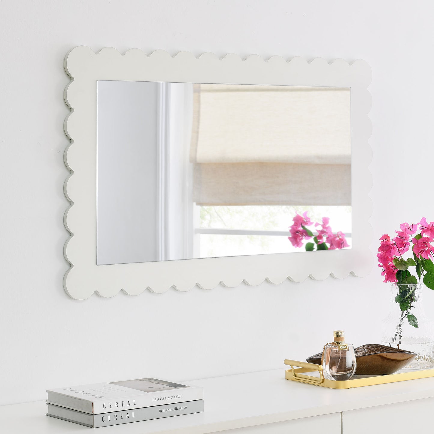 Emmeline Scalloped 5-Drawer Chest, 6-Drawer Dresser, and Rectangle Wall Mirror by Modway