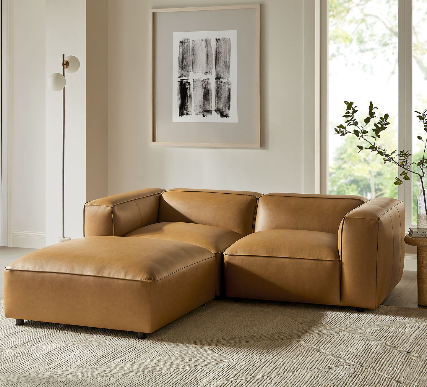 Auren 3-Piece Upholstered Vegan Leather Modular Loveseat with Ottoman by Modway