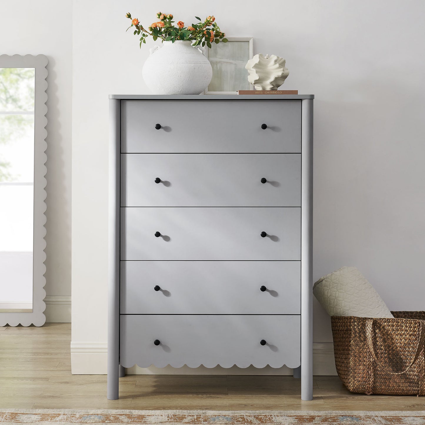 Emmeline Scalloped 5-Drawer Chest, 6-Drawer Dresser, and Rectangle Wall Mirror by Modway