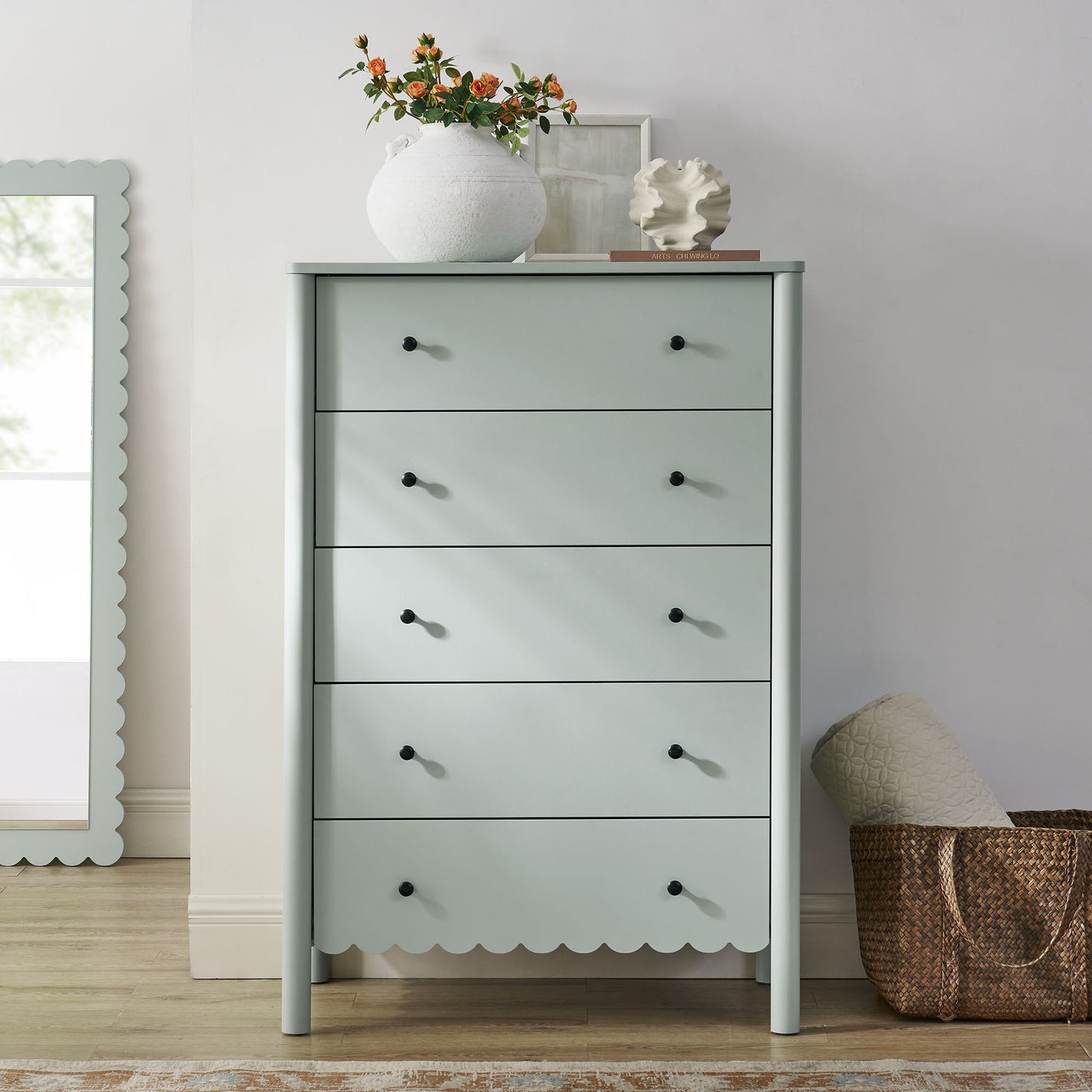 Emmeline Scalloped 5-Drawer Chest, 6-Drawer Dresser, and Rectangle Wall Mirror by Modway