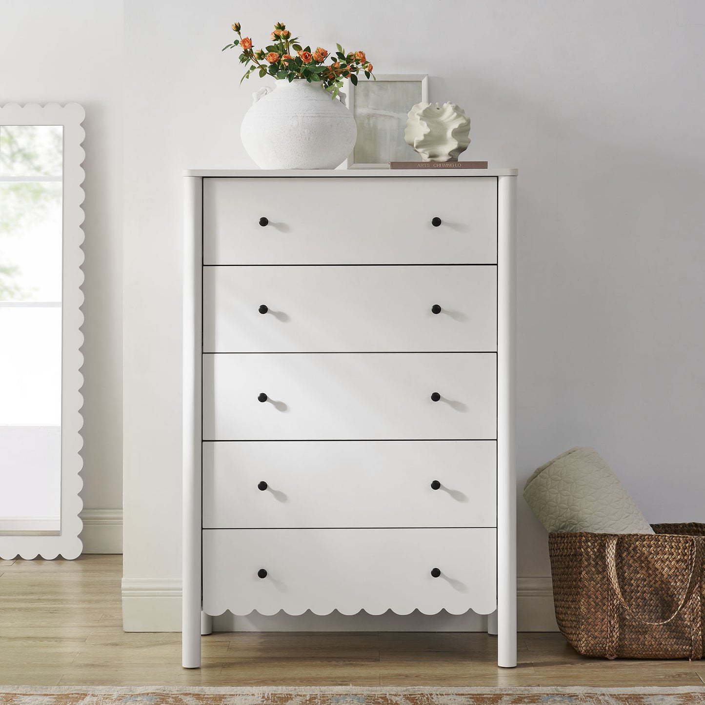 Emmeline Scalloped 5-Drawer Chest, 6-Drawer Dresser, and Rectangle Wall Mirror by Modway