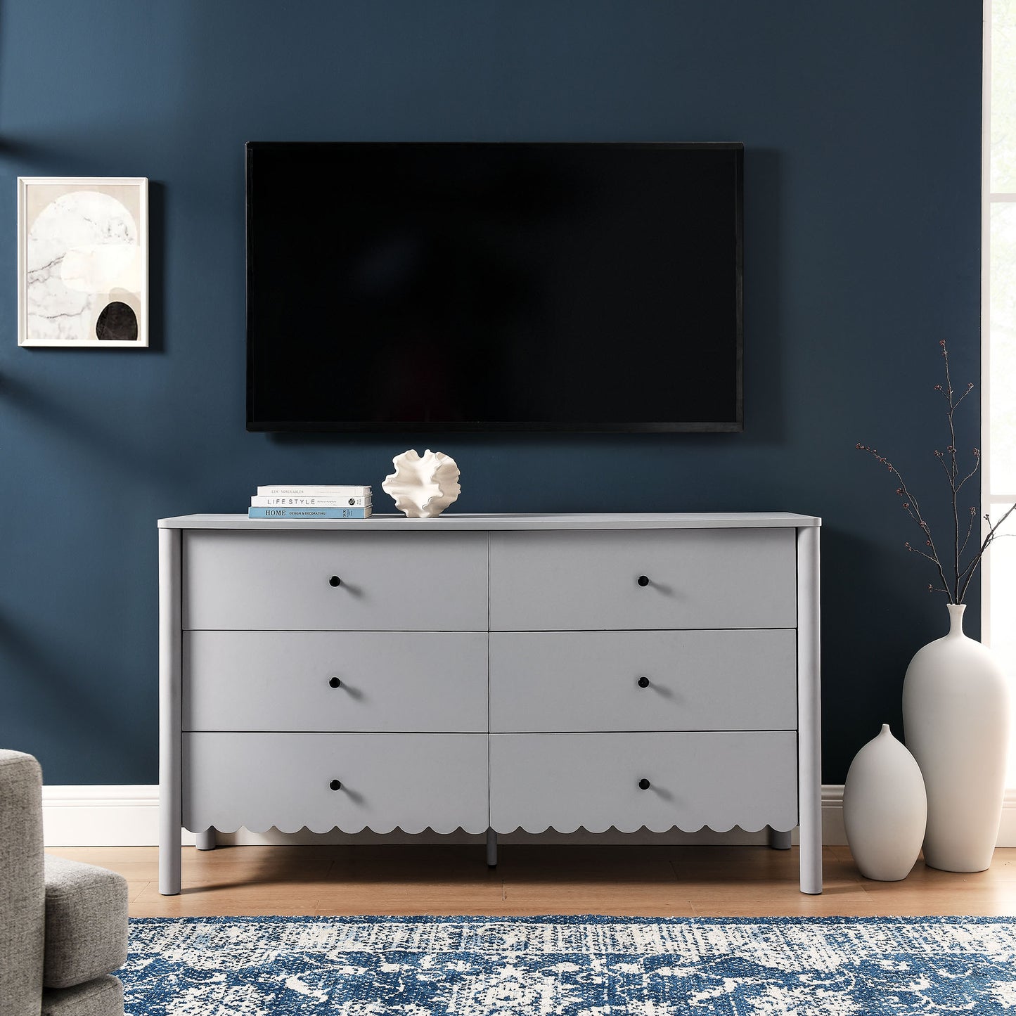 Emmeline Scalloped 5-Drawer Chest, 6-Drawer Dresser, and Rectangle Wall Mirror by Modway