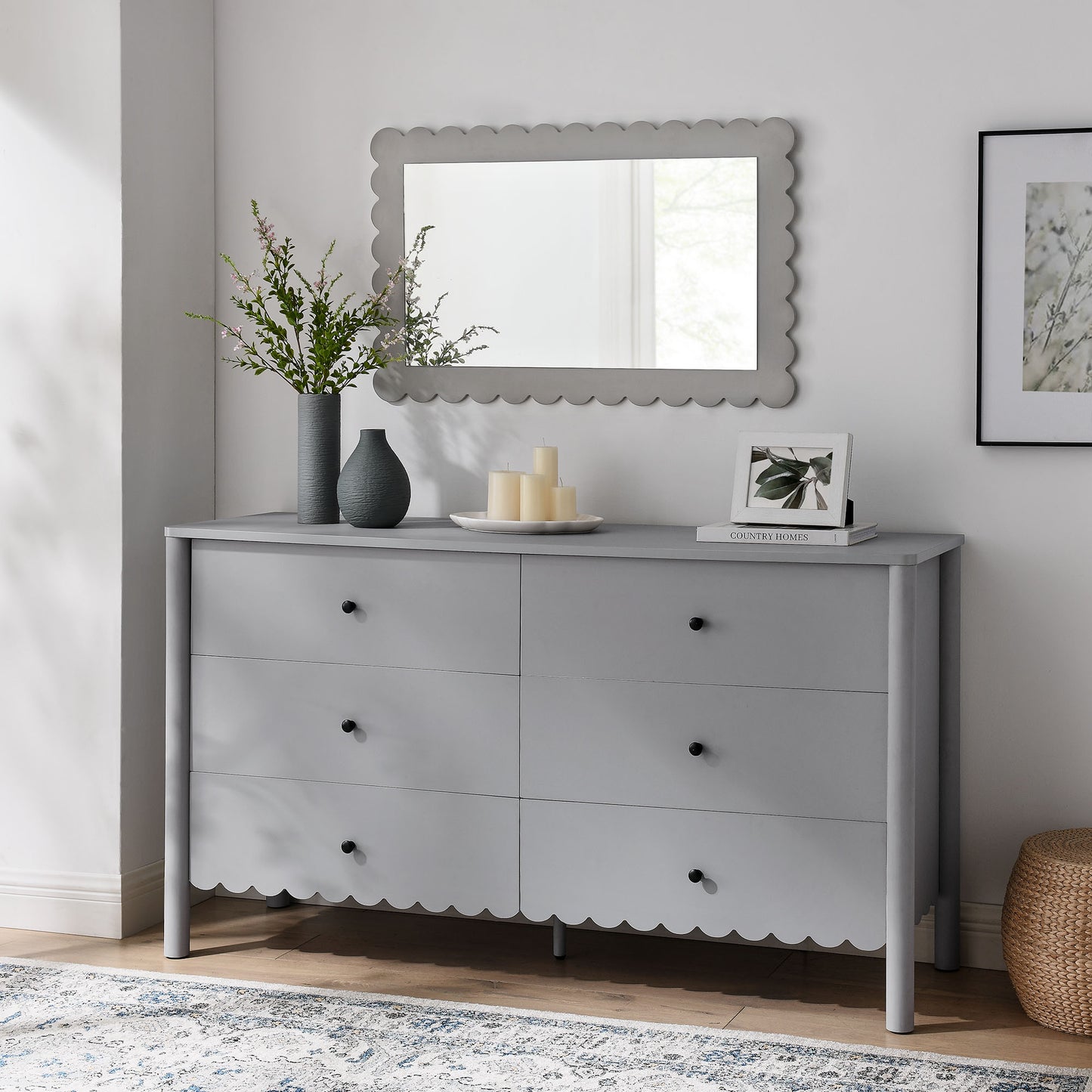 Emmeline Scalloped 5-Drawer Chest, 6-Drawer Dresser, and Rectangle Wall Mirror by Modway