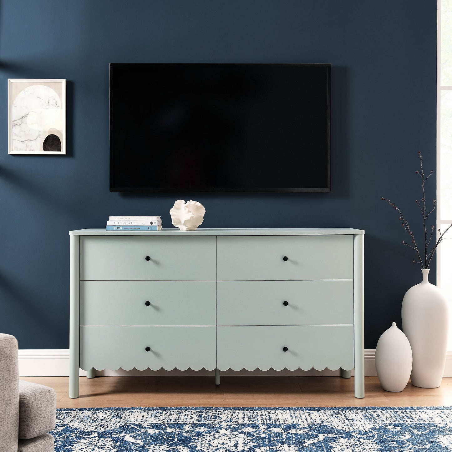 Emmeline Scalloped 5-Drawer Chest, 6-Drawer Dresser, and Rectangle Wall Mirror by Modway
