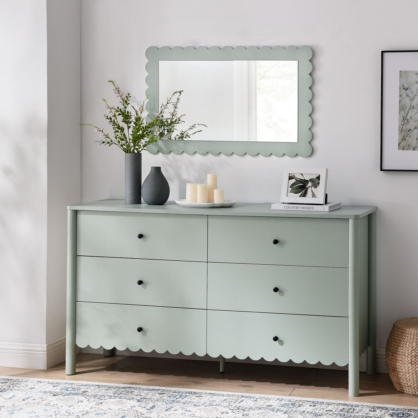 Emmeline Scalloped 5-Drawer Chest, 6-Drawer Dresser, and Rectangle Wall Mirror by Modway