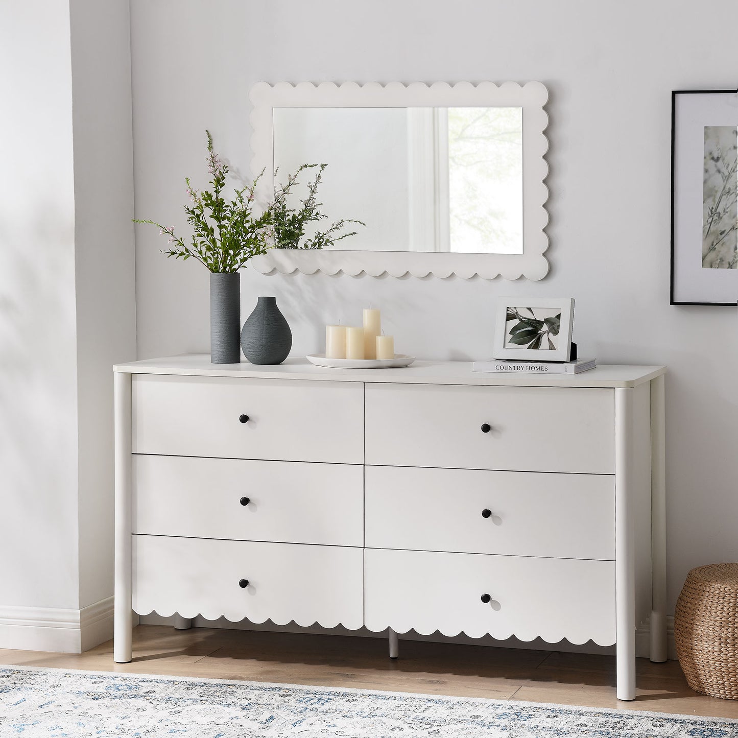 Emmeline Scalloped 5-Drawer Chest, 6-Drawer Dresser, and Rectangle Wall Mirror by Modway