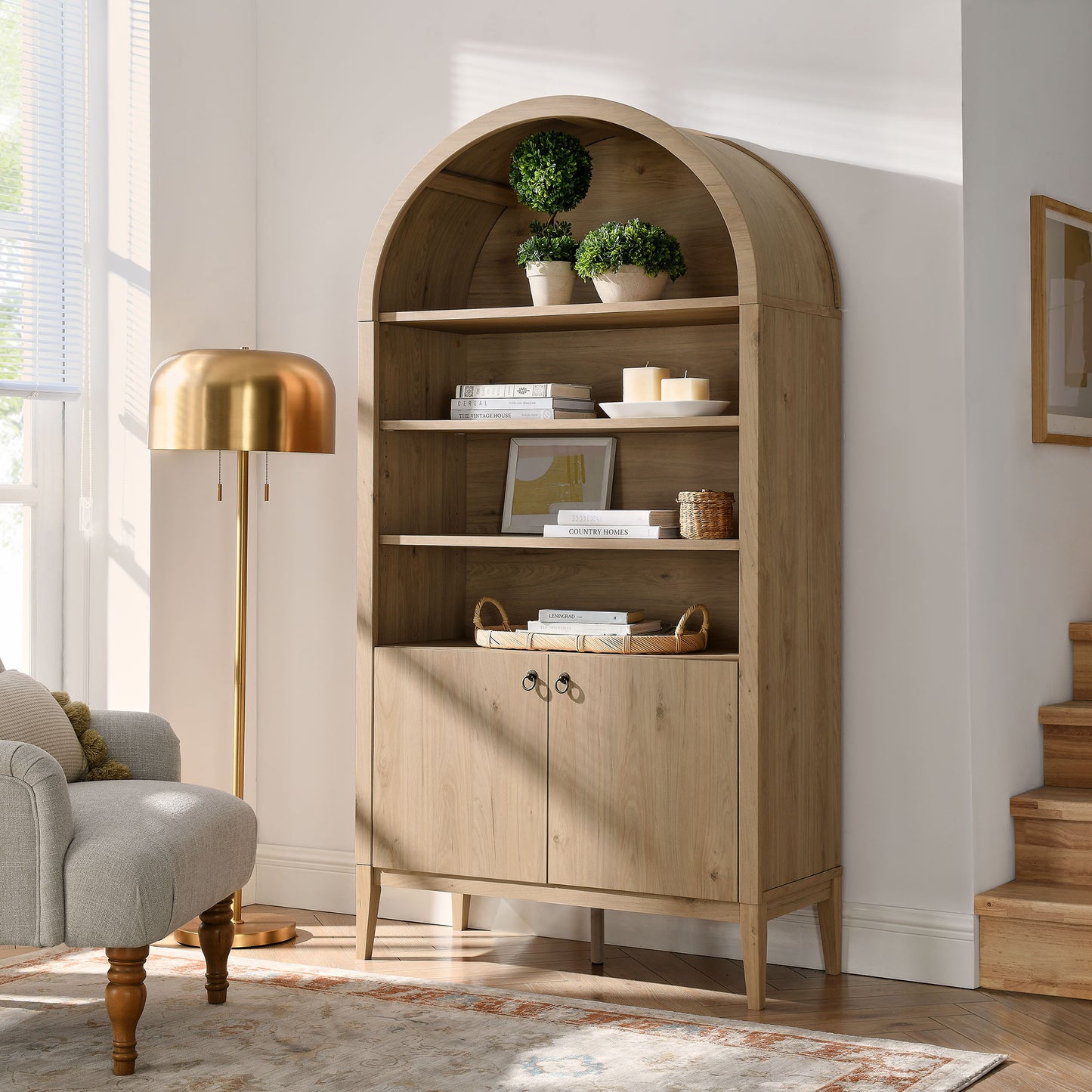 Nolan 74" Tall Wide Arched Storage Display Cabinet Bookshelf