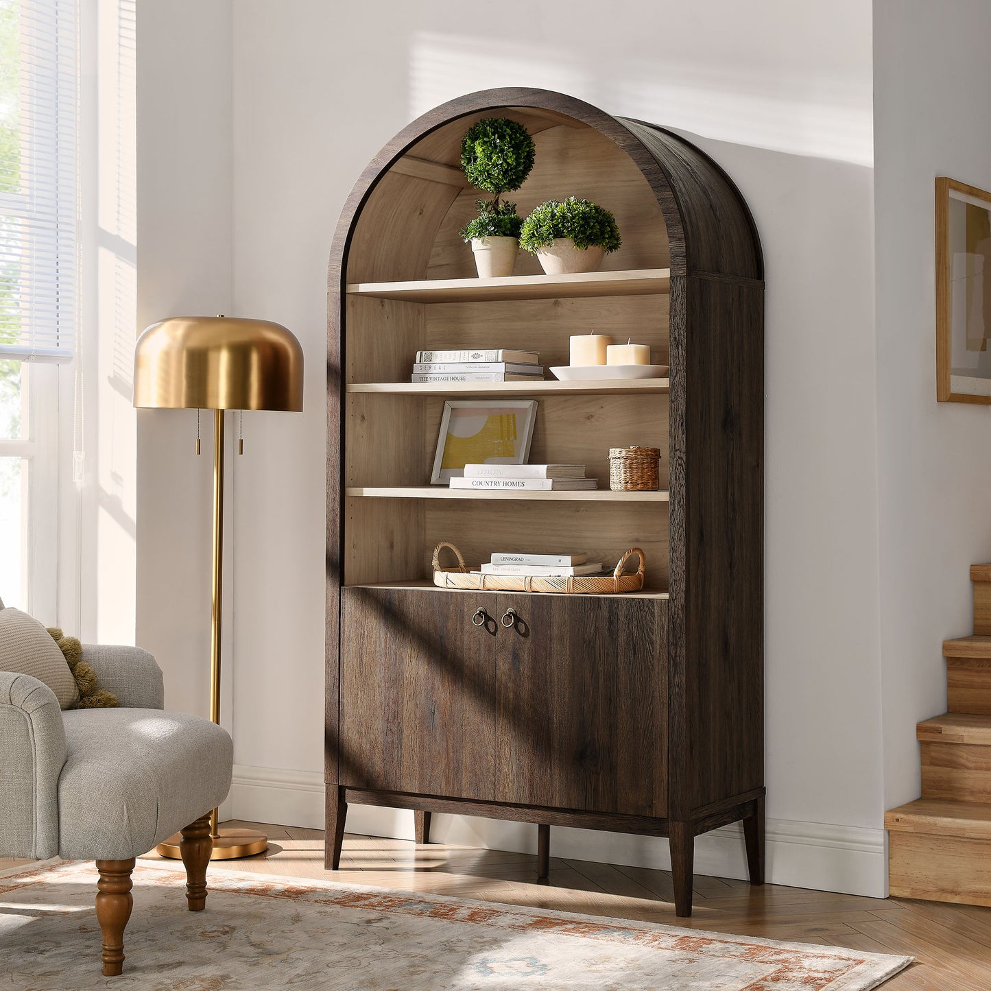 Nolan 74" Tall Wide Arched Storage Display Cabinet Bookshelf
