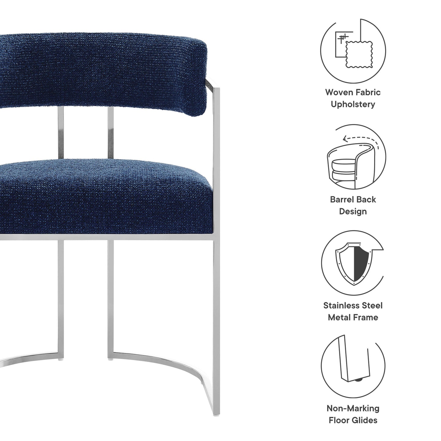 Huron Curved Back Fabric and Metal Dining Accent Chair by Modway EEI-7228-SLV-NAV