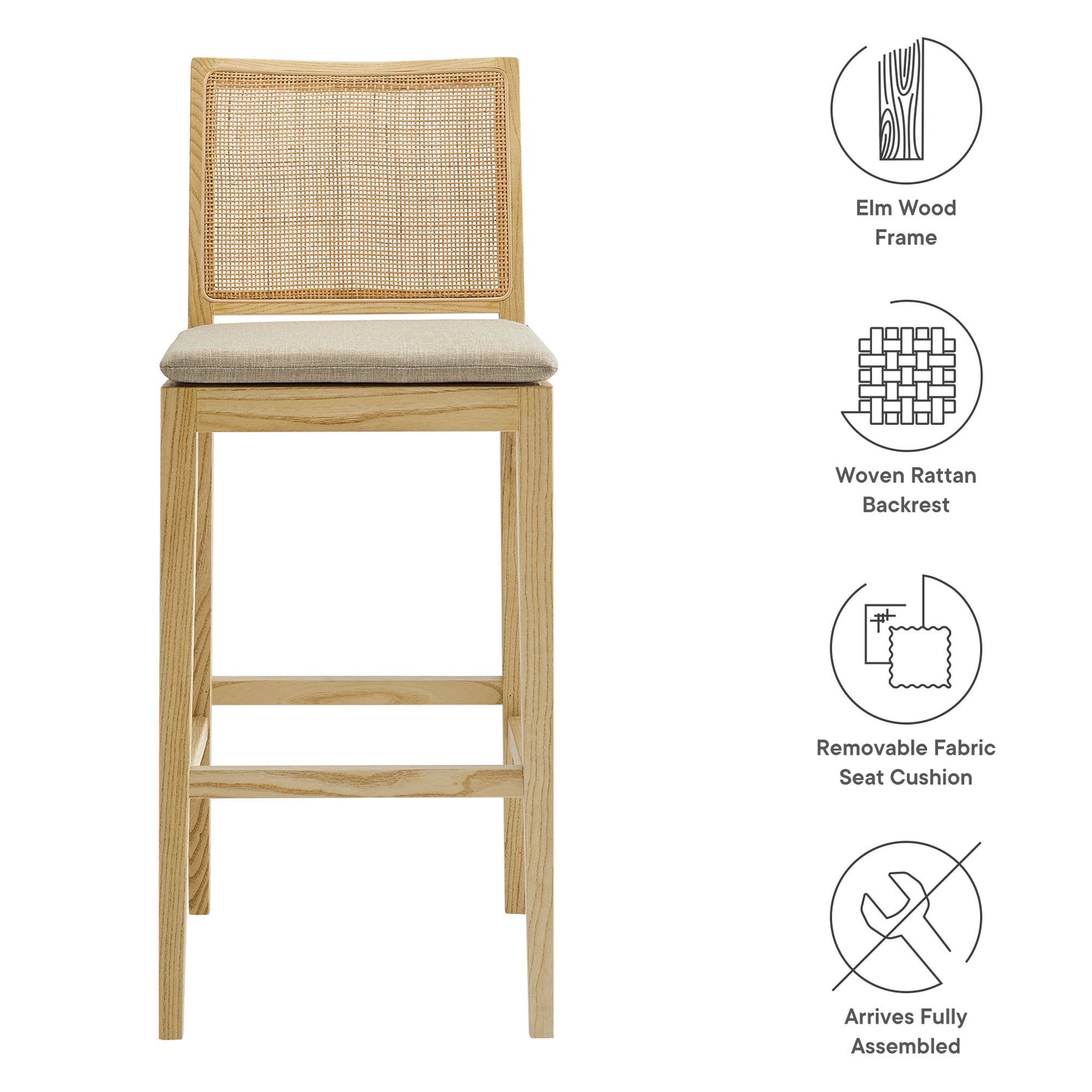 Ovard Wood and Rattan Bar Stool by Modway EEI-7289-NAT-BEI