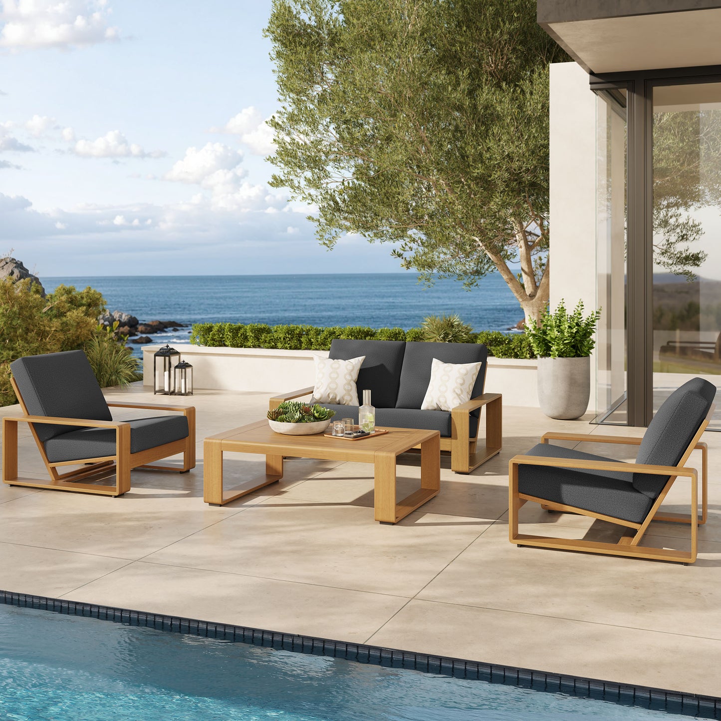 Lirienne 4-Piece Outdoor Patio Aluminum Faux Wood Furniture Set
