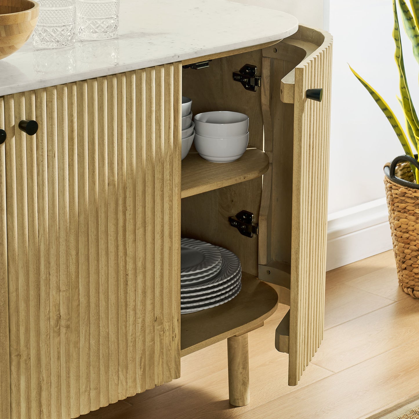 Caldera 60" Curved Solid Wood and Marble Sideboard Storage Cabinet by Modway EEI-7355-NAT