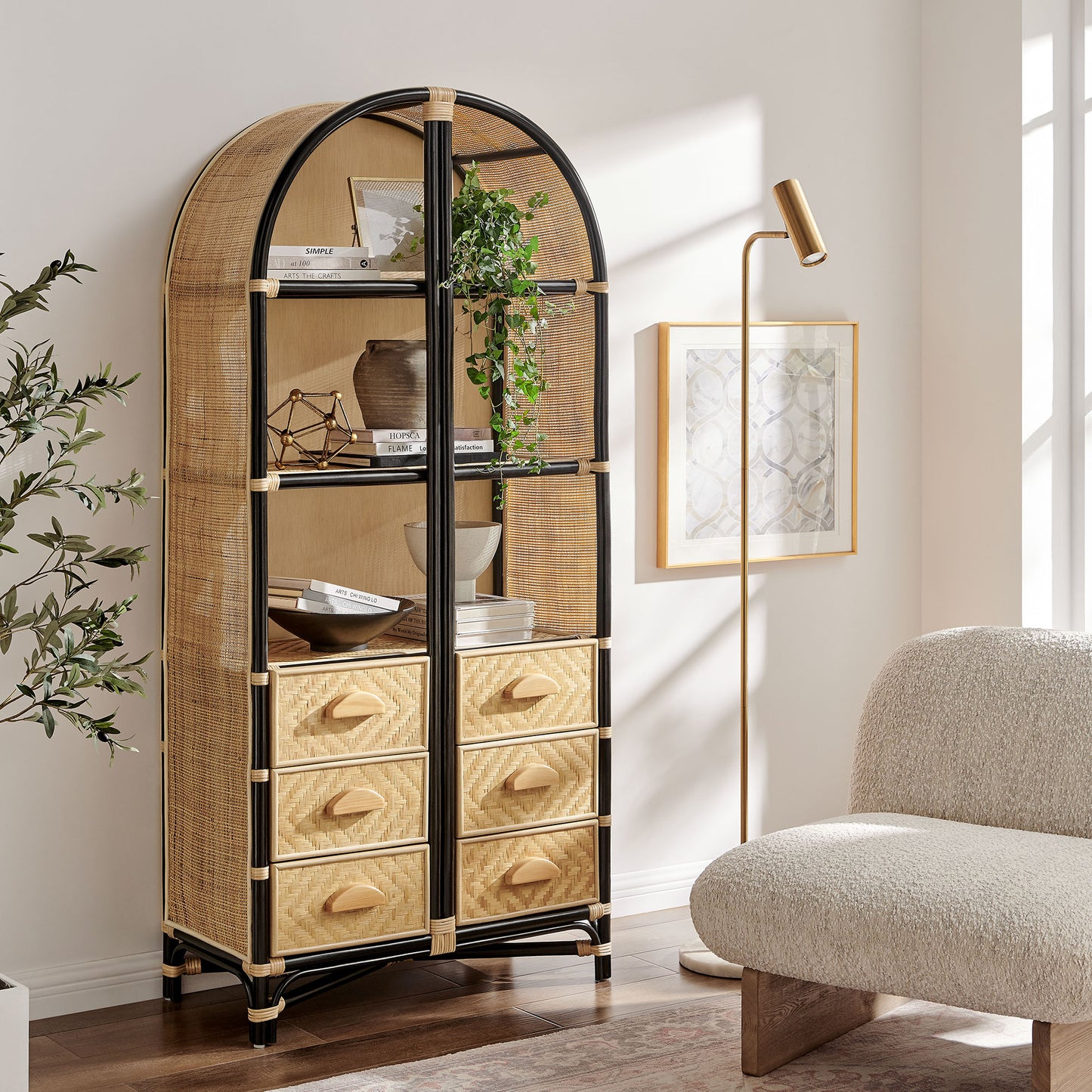 Jane 71 Inch Tall Arched Natural Rattan Bookshelf by Modway EEI-7362 Floor Shelf