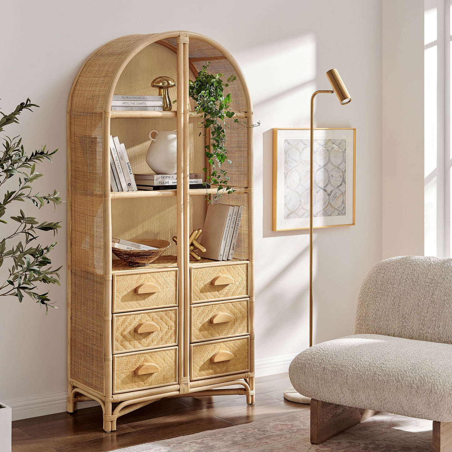 Jane 71 Inch Tall Arched Natural Rattan Bookshelf by Modway EEI-7362 Floor Shelf